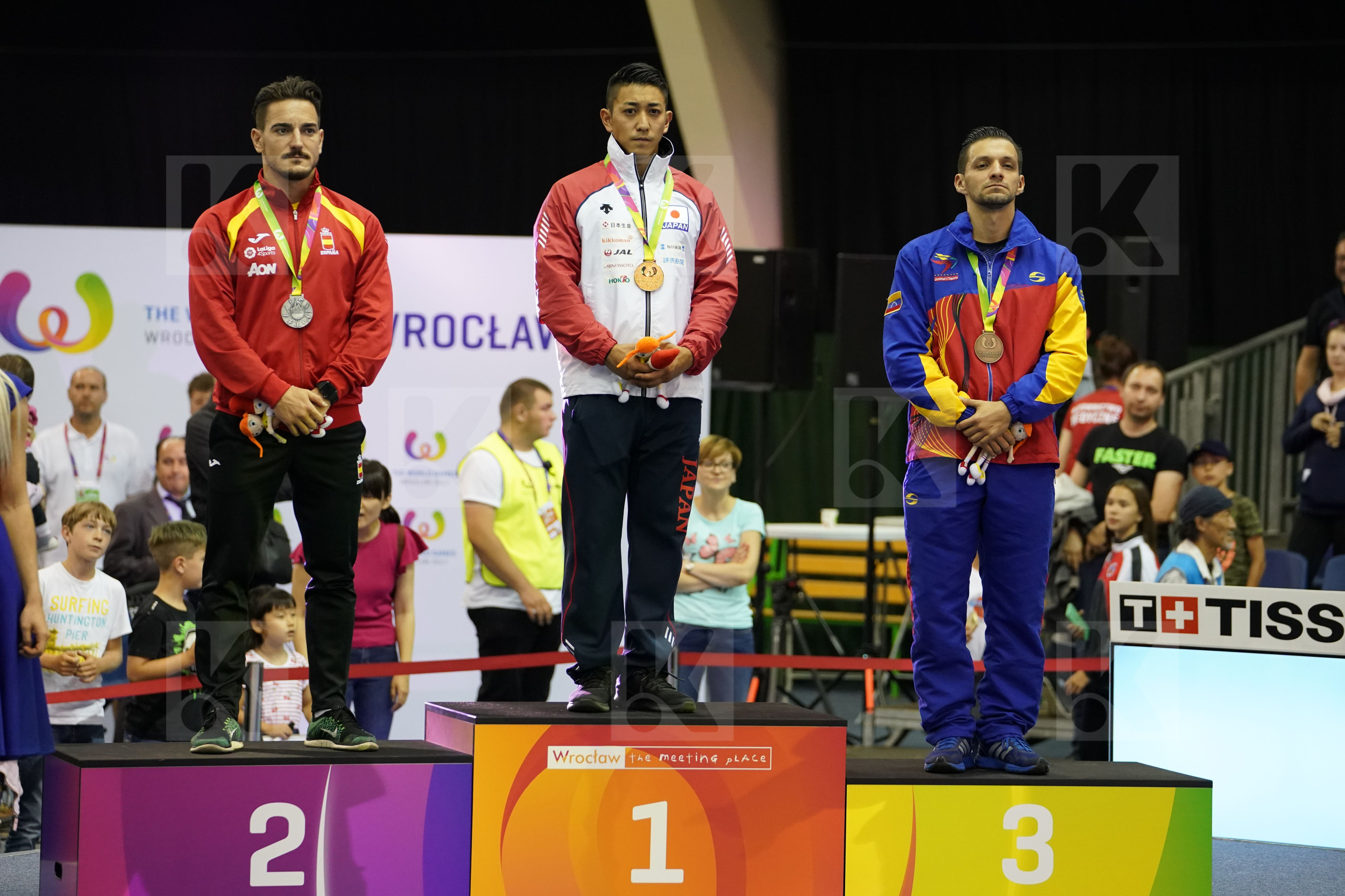 Diaz Antonio Japan Kiyuna Ryo Male Kata podium Quintero Damian Spain Venezuela